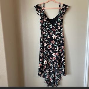 Fortune + Ivy floral faux wrap high low dress with cold shoulder.